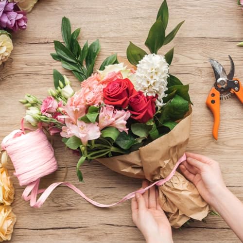 KINGLAKE 200m Naturbast Bastband, Bast Geschenkband Natur, Bast Band zum Basteln, Bastelbast Papierband, Packschnur Papier für Handwerkliche Geschenkverpackung Hochzeit Valentinstag-Rosa