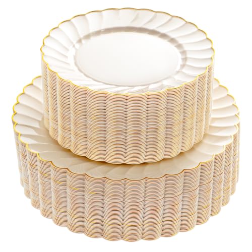 YOUBET 100PCS Ivory Scalloped Plastic Plates - Heavy Duty Gold Disposable Fancy Hard Plates Include 50 Dinner Plate 50 Dessert Plate for Wedding & Party