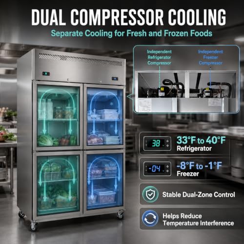 Image of InnerCalm 48 inchW 4 Door Commercial Refrigerator Freezer Combo | 32 Cu.Ft dual zone storage with 6 adjustable shelves, stainless steel body, lockable casters, door locks and auto defrost.
