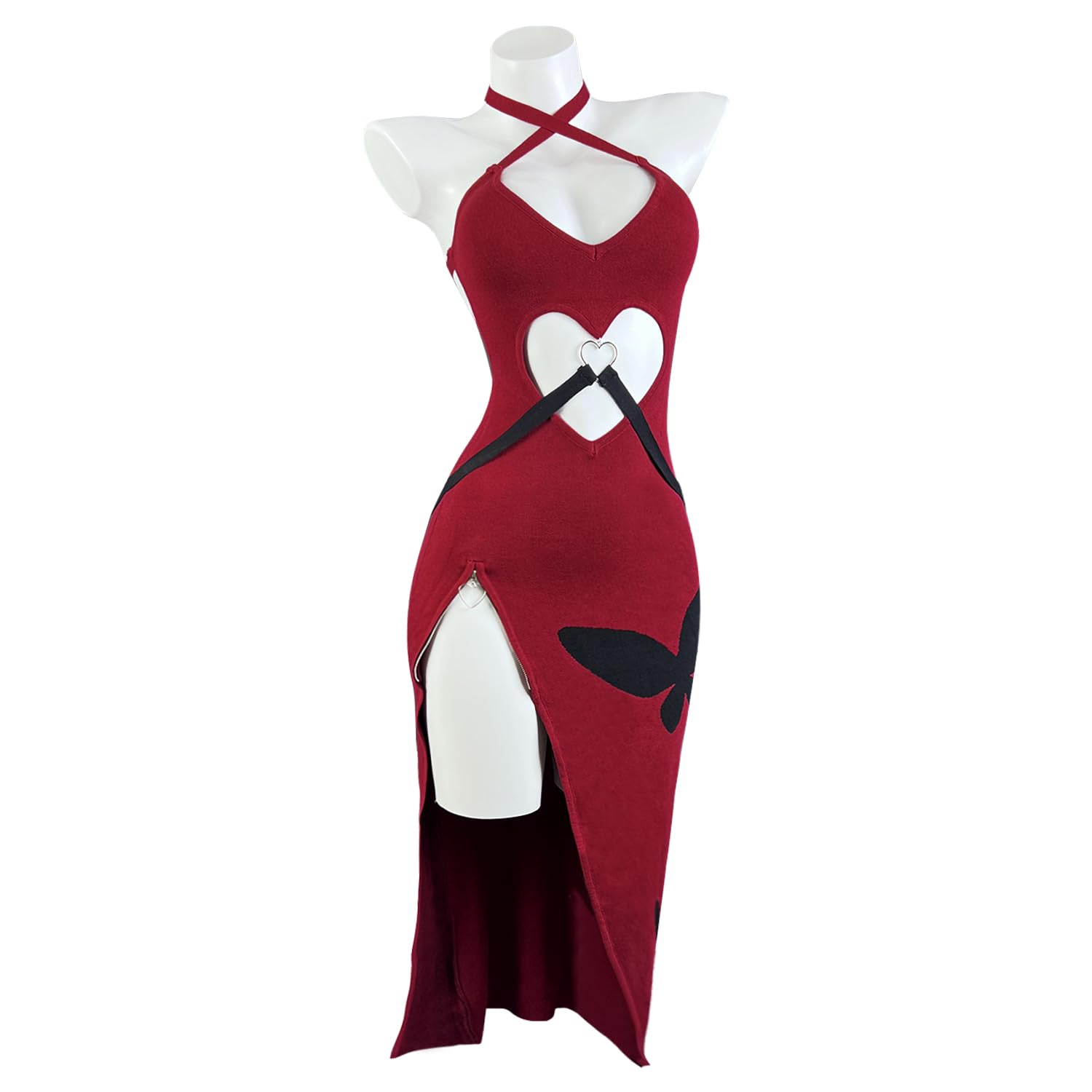 Photo 1 of KORURACLUB Women's exotic costumes Cheongsam lingerie Sexy Heart Shaped Cutout Cosplay Anime lingerie (Red, S/M)