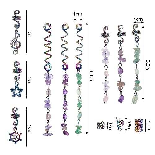 40Pcs hoyuwak Natural Colored Crystal Stone Hair Accessories - Metal Charms, Tie-Dye Loc Spirals, Cuffs, Rings for Women's Hairstyle Decoration