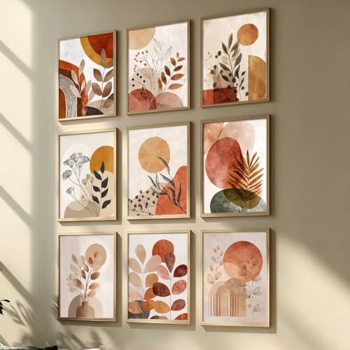 Image of kotart Aesthetic Boho Floral Painting Wall Art Home Decoration | Abstract Floral Aesthetic Paintings With Frame For Living Room Bed Room Hotel Wall Decor Digital Reprint Set of 9 (10X13 inch)