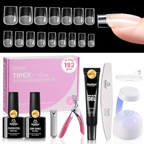 Beetles Tipex Lite Apex Nail Tips Kit Short Square 192pcs 16 Sizes with Solid Nail Glue Base & Top Coat Mini UV Lamp Nail Clipper & Cuticle Nipper for DIY Salon-look Extensions Kit