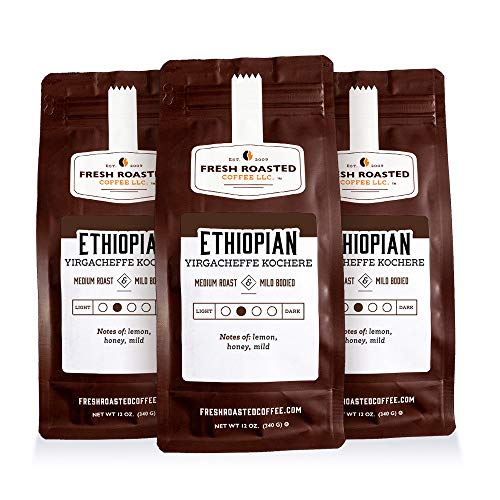 Fresh Roasted Coffee LLC, Ethiopian Yirgacheffe Kochere Coffee, Medium Roast, Whole Bean, 12 Ounce Bags, 3 Pack