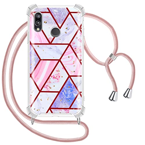 Greneric Funda con Cuerda para Huawei P20 Lite, Carcasa Mármol Brillante Ultrafina Rígida PC con Correa Colgante Ajustable Collar Correa de Cuello Cadena Cordón, Oro Rosa Cover