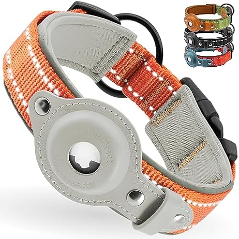 CollarDirect Airtag Dog Collar Reflective Nylon Neoprene Leather Holder for Apple Air Tag for Large, Medium, and Small Dogs (Orange, L, 16.5-20 Inch) Cover