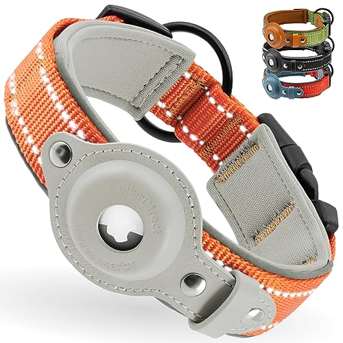 CollarDirect Airtag Dog Collar Reflective Nylon Neoprene Leather Holder for Apple Air Tag for Large, Medium, and Small Dogs (Orange, M, 13.5-16.5 Inch)