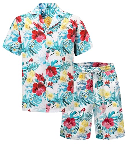 Image of Cromoncent Boy and Men Hawaiian Outfits Short Sleeve Shirts and Shorts Hawaiian Suits Beach Tropical 2 Pcs Vacation Sets