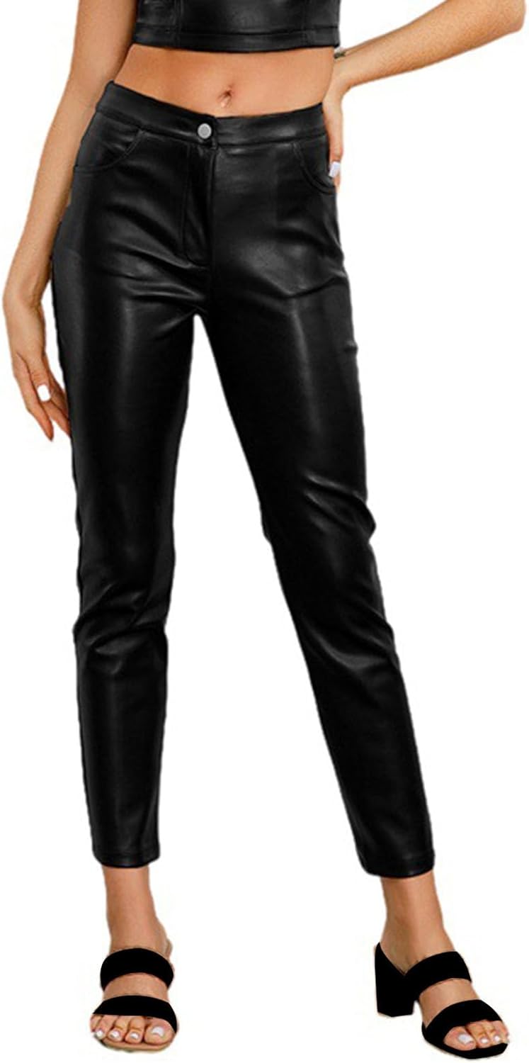 Faux Leather Leggings for Women Zip Up Leather Pants with Pockets High Waist Stretch Slim Fit Motorcycle Legging Pants