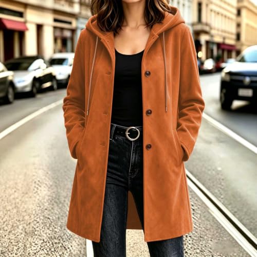 SHOPESSA Faux Suede Jacket Women Long Button Hooded Trench Coat with Pocket - image 7