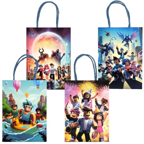 Kauai Sun 16PCS Game Theme Party Gift Bags Four Unique Designs Goodie Bags for Boys Girls Kids Gaming Party Favors Supplies Candy Treat Loot Exchange Gifting Goodies Sturdy Extra Thick with Handle (Adventure Small 8x6)