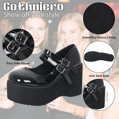 Gothniero Womens Black Platform Mary Janes Goth Lolita Chunky Heel Pumps Gothic Cute Dress Shoes for Women with Ankle Strap Size5.5-104