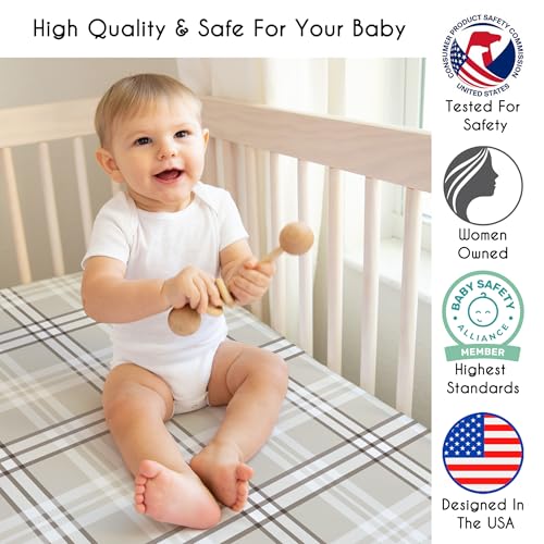 Image of Sweet Jojo Designs Fitted Baby Crib Sheets (Taupe Plaid) for Boys /Girls, Infant Nursery, Toddler Room - Standard Size (Earth Tones Checkered Tartan, Modern, Farmhouse for Boho Teddy Bear Collection)