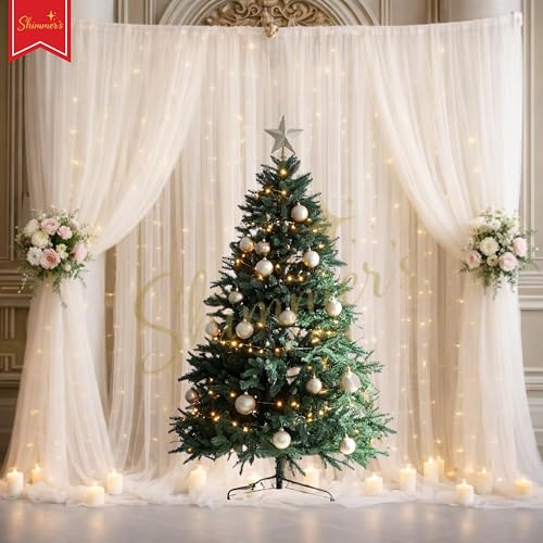 Image of Shimmers 3 Pcs White Net Curtain Backdrop Set with Ribbon & 3 Hooks - Sheer Fabric Drapes for Wedding Decoration, Birthday Party, Baby Shower, Stage Decor, Photo Booth Background Setup