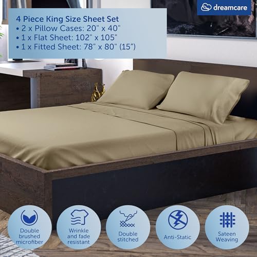 Image of DREAMCARE King Size Sheets Set - 4 pcs Breathable Cooling Sheets - up to 21 inch Extra Deep Pocket King Sheet Set with Side Pockets - Extra Soft 100% Brushed Hypoallergenic Hotel Luxury Bedding Eucalyptus