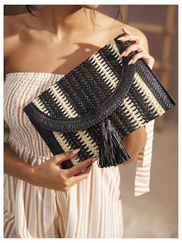Image of OYOANGLE Women's Color Block Woven Clutch Bag Straw Fringe Flap Small Striped Boho Purse Handbags