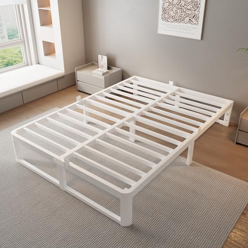 Image of ZTH Full Size Metal Platform Bed Frame 12 in, No Box Spring Needed, White | Heavy duty support, Underbed storage, Noise-free design, Anti-slip clips, Rounded legs, Easy assembly, Headboard compatible