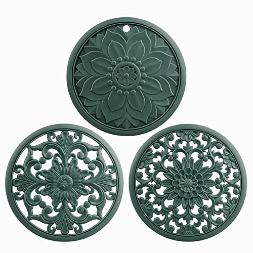 Smithcraft Silicone Trivets for Hot Dishes, Pots & Pans, Hot Pads for Kitchen, Silicone Pot Holders for Table, Heat Resistant Mat for Counter, Round Silicone Trivet Mat for Tabletop Set of 3 Green