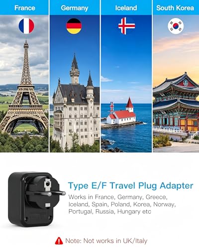 Image of Type E /F Europe Travel Plug Adapter, HANYCONY US to Germany France Spain South Korea Iceland, 5-in-1 European Power Adapter for Greece Norway Russia Portugal & More, 2 Outlets 3 USB Ports(2 USB C)