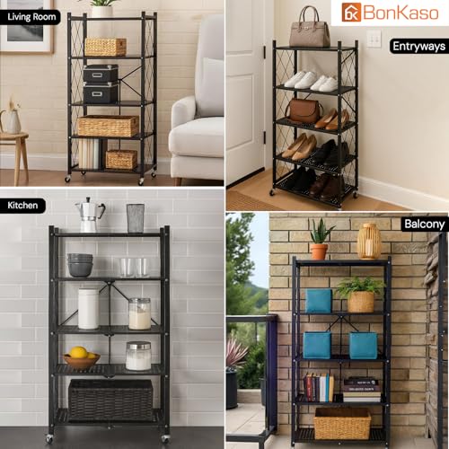 Image of BonKaso Foldable 5-Tier Kitchen Storage Rack | Heavy-Duty Metal Trolley Stand with Wheels | Movable & Multifunctional Shelf for Home, Office & Pantry | Load Capacity Upto 110kg (72x35x158 cm) - Black