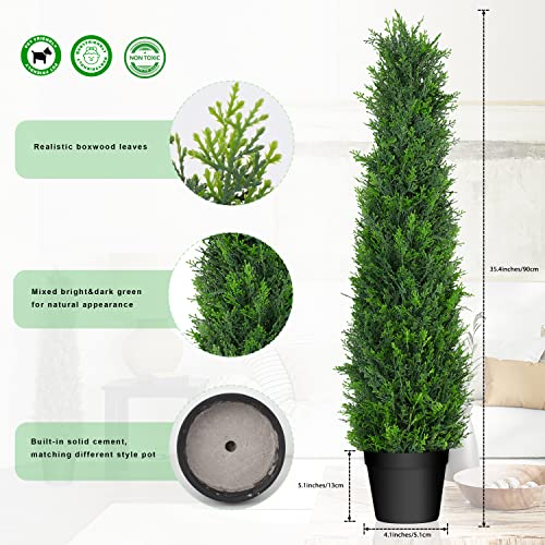 Horjamy 3 Foot Artificial Cedar Topiary Trees In Plastic Pot For Indoor And Outdoor Porch Décor Uv Rated Potted Plants For Home Decorations (2 Pack) #TOP1