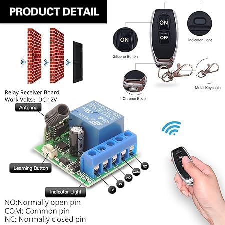 Image of Hexonix 433Mhz Universal Wireless Remote Control Switch DC 12V 1CH RF Relay Receiver Module with Transmitters EV1527 Learning Code Remote Switch (1 Receiver and 1 L-U Remote)