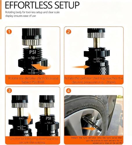 Image of SUVCARMPING Adjustable Auto-Stop Tire Deflator Valve Kit (10-30 PSI) 4 PCS Screw-on Tyre Air Down Tool for Offroad 4x4, (MS-TD06)