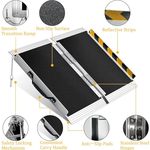 Rampa plegable de aluminio para silla de ruedas | Capacidad de 280 kg | Portátil para escalones, escaleras, puertas | Antideslizante con pegatinas de alta visibilidad