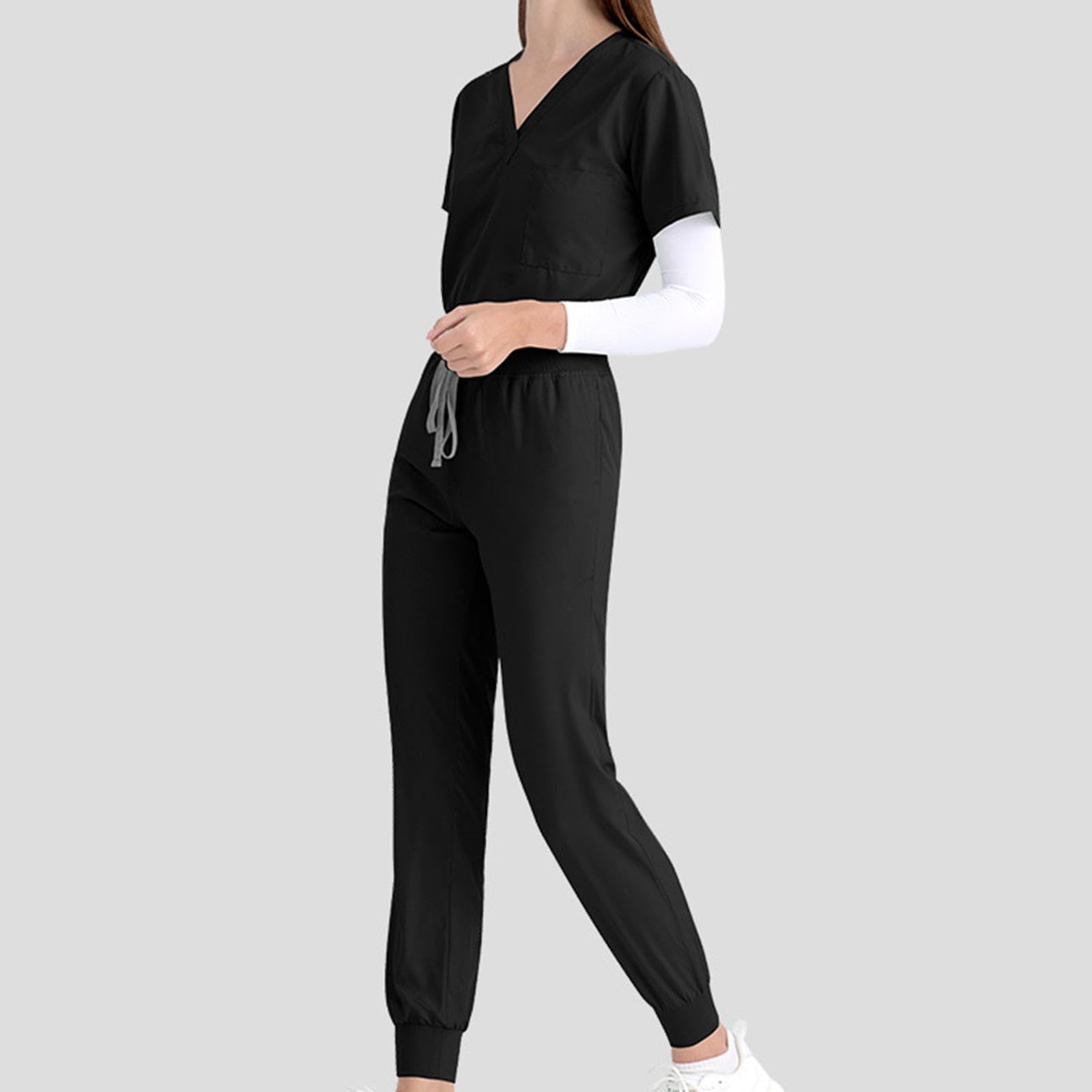 Ensemble de Blouse et Pantalon de Travail pour Infirmières, Tenue de Travail à Manches Courtes et Col En V pour Animalerie et Spa, Noir, XXL