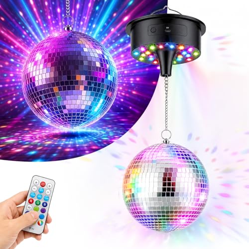 Discokugel mit Motor und Licht 20CM Rotierende Spiegelkugel Set mit 30 RGB LEDs 6 Geschwindigkeiten Fernbedienung & Musiksteuerung Batterie/USB Discolicht Partylicht