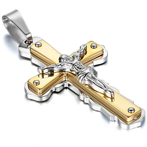 JewelryWe Bijoux Pendentif Croix Collier Homme Chaîne 55cm Rétro Jesus Crucifix Acier Inoxydable Fantaisie pour Homme et Femme Couleur Argent Or avec Sac Cadeau