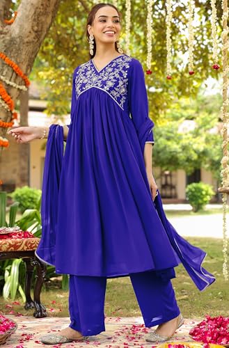 Image of Janasya Women's Georgette Zari Yoke Embroidered A-line Kurta Set
