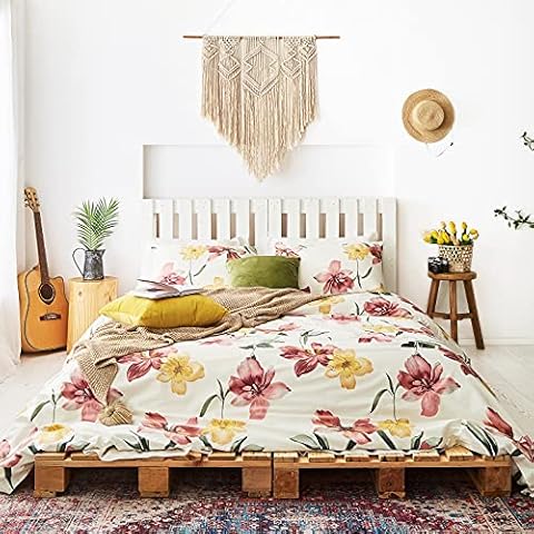 YuHeGuoJi Yellow Floral Duvet Cover King 100% Egyptian Cotton Botanical Blossom Duvet Cover 3 Pcs Set 1 Rust Flower Patterned Duvet Cover with Zipper Ties 2 Pillowcases Farmhouse Floral Bedding Soft Cover
