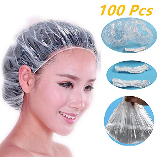 100 Pcs Pack Disposable Shower Cap for Women - Clear Waterproof Large Elastic Thick Plastic Shower Hair Caps for Women Spa, Home Cook, Travel, Hotel and Salon - Universal Size