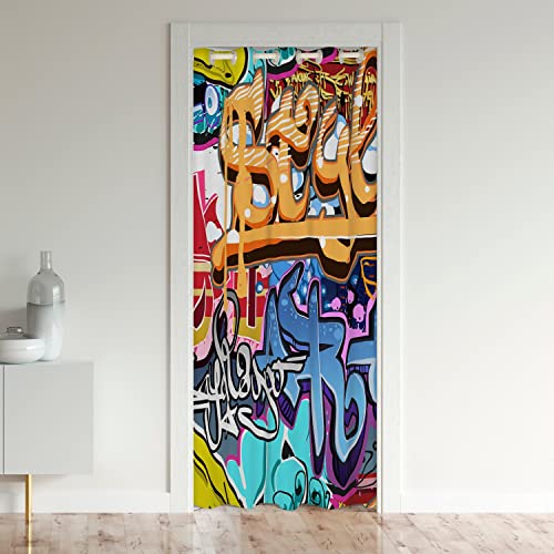 jejeloiu Cortina de puerta con graffiti hippie, cortina de privacidad para puerta, cortina opaca de privacidad con graffiti, bloqueo de calor, cortinas opacas para dormitorio, 86 x 203 cm, 1 panel