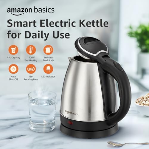 Image of Amazon Basics 1.5 Litre Electric Kettle | 1500W | 360 Swivel Base | Led Indicator | Dry Boil Protection | Auto Shut-off & Overheat Protection | Multipurpose Travel Kettle