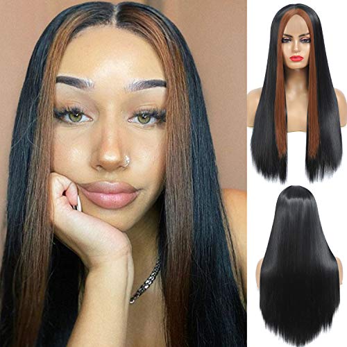 Monikahair Long Straight Brown Ombre Wigs with Highlight Brown Synthetic Wigs for Women Natural Looking Heat Resistant Fiber Hair Daily Party Cosplay