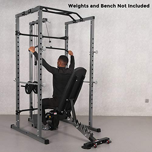 Kicode Power Squat Rack, Power Cage with LAT Pulldown Attachment, Strength Training Exercise Equipment for Home Gym, Weightlifting Bench Press Weight Rack