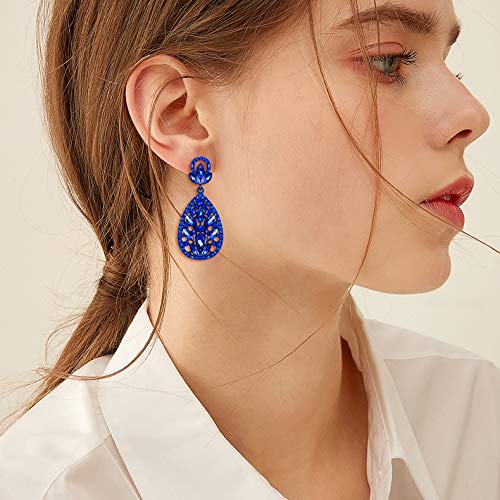 Elequeen Women's Wedding Bridal Austrian Crystal Bohemia Teardrop Chandelier Dangle Earrings Royal Blue Color Blue-Tone #TOP3