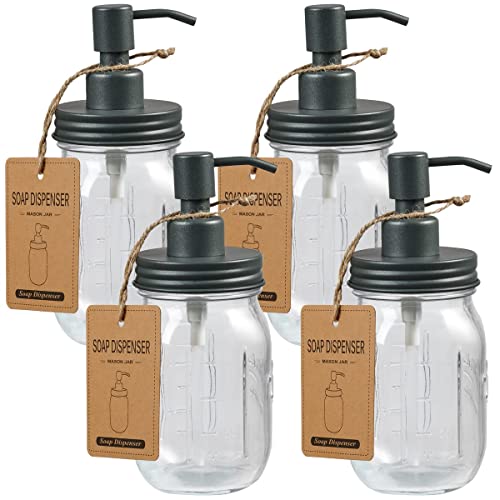 4 Pack Mason Jar Soap Dispensers -Rustproof Stainless Steel Lid &Pump, Refillable Hand Soap for Bathroom,Farmhouse Vintage-Ideal for Dish Soap,Liquid Soap,Lotions Waterproof Stickers (Gray)