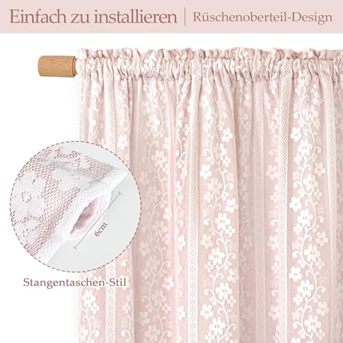 Alishomtll Scheibengardinen Rosa, Modern Kurz Bistrogardine, Doppellagig Küchengardinen mit Leinen und Spitze, Landhausstil Fenstergardinen, Kurzgardine für Küche Fenster Wohnzimmer 120Bx45H cm