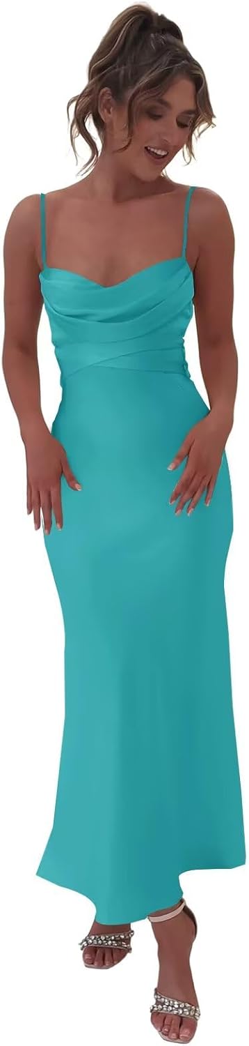 Satin Mermaid Bridesmaid Dresses Midi Spaghetti Strap Wedding Guest Dress Cowl Neck Formal Prom Dress