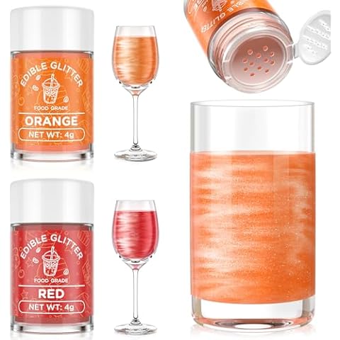 Cherrysea Edible Glitter for Drinks Cocktails Food Grade Edible Drink Shimmer Powder for DIY Champagne Beverages Wine 2 Colors Vegan Edible Luster Dust Set 4g/Bottle Gluten Free - Orange+Red Cover