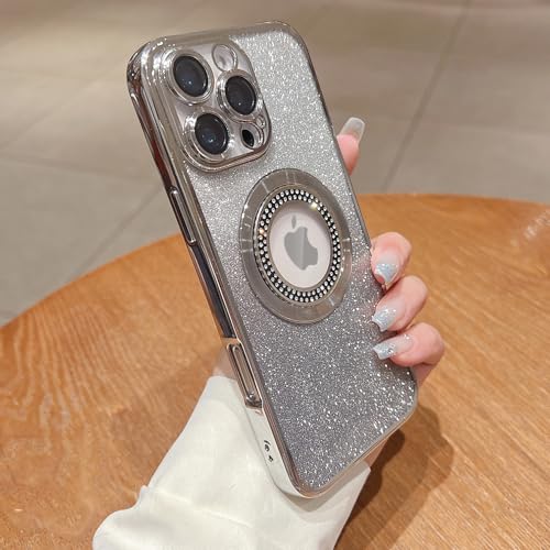 Image of Misscase for iPhone 16 Pro Magnetic Glitter Case Compatible with MagSafe,Full Protection Slim Shockproof Anti-Scratch Case with Camera Lens Protector Logo View Dust-Proof Net for Women Silver
