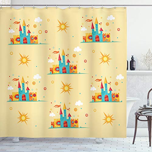 ABAKUHAUS Märchen Duschvorhang, Mittelalterliche Burg, Stoffliches Gewebe Badezimmerdekorationsset mit Haken, 175 x 220 cm, Hellorange