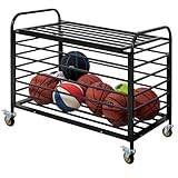 MyGift Professional Black Metal Rolling Sports Ball Storage Cart with Lid