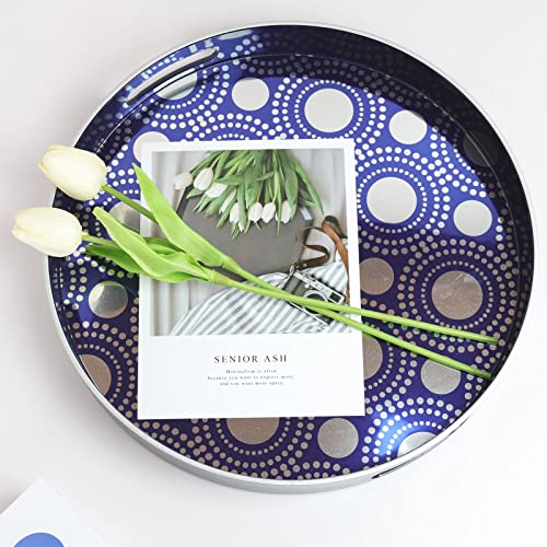Spsyrine Blue & Silver Round Serving Tray With Handles, 13" Decorative Ottoman Coffee Table For Perfume, Living Room, Home Decor. #TOP3