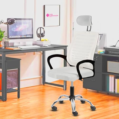 Image of Casa Copenhagen,Mesh Office Desk,Rocking, Ergonomic Computer Chair Adjustable High with Headrest and Comfortable Armrest Swivel Chair - Snow White & Black Handle
