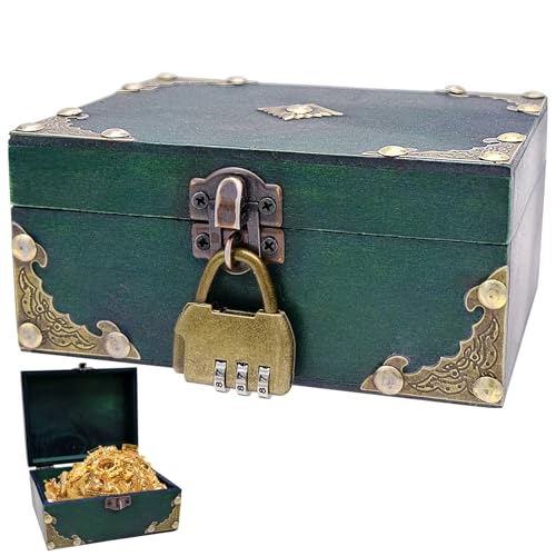 Fahibin Coffre au trésor vintage en bois, coffre au trésor pirate, 15 cm x 12 cm x 7 cm, verrouillable, multi-usages, boîte de rangement décorative