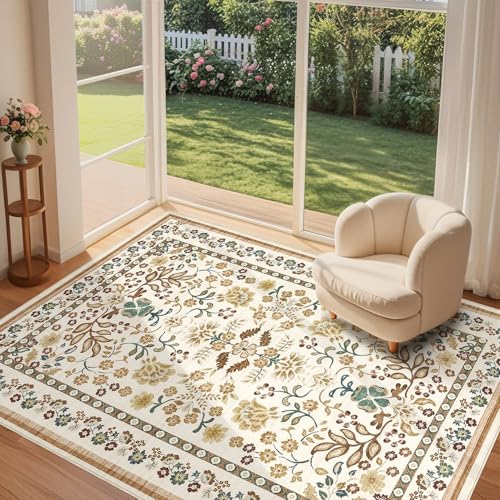 5x7 Area Rug Living Room Rugs Thickened - Washable Boho Vintage Floral Large Soft Non Slip Thin Rug Low Pile Carpet for Bedroom Dining Room Kids Playroom Office Decor Indoor - Brown